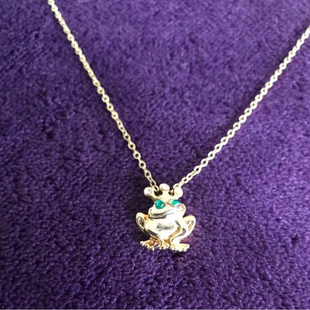 Gold Frog Prince Pendant Necklace with Green Stone Eyes
